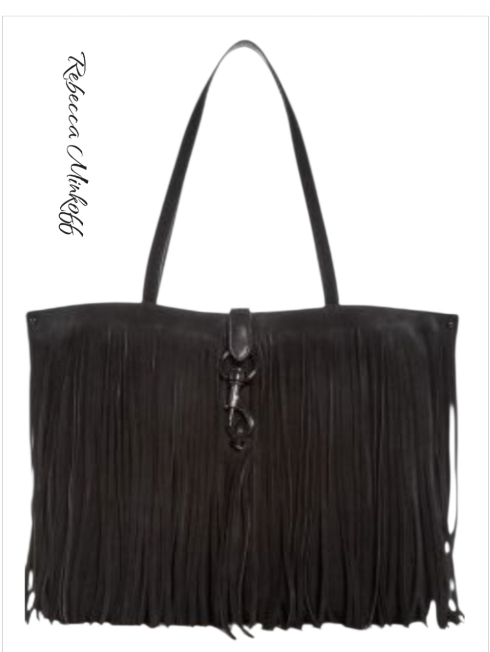 Rebecca Minkoff Megan Fringe Suede & Leather Tote Bag Black NWT